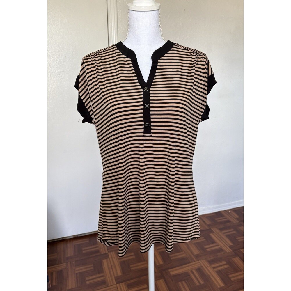 Diana Belle Women's Beige And Black Striped Collar-neck Top Size Large